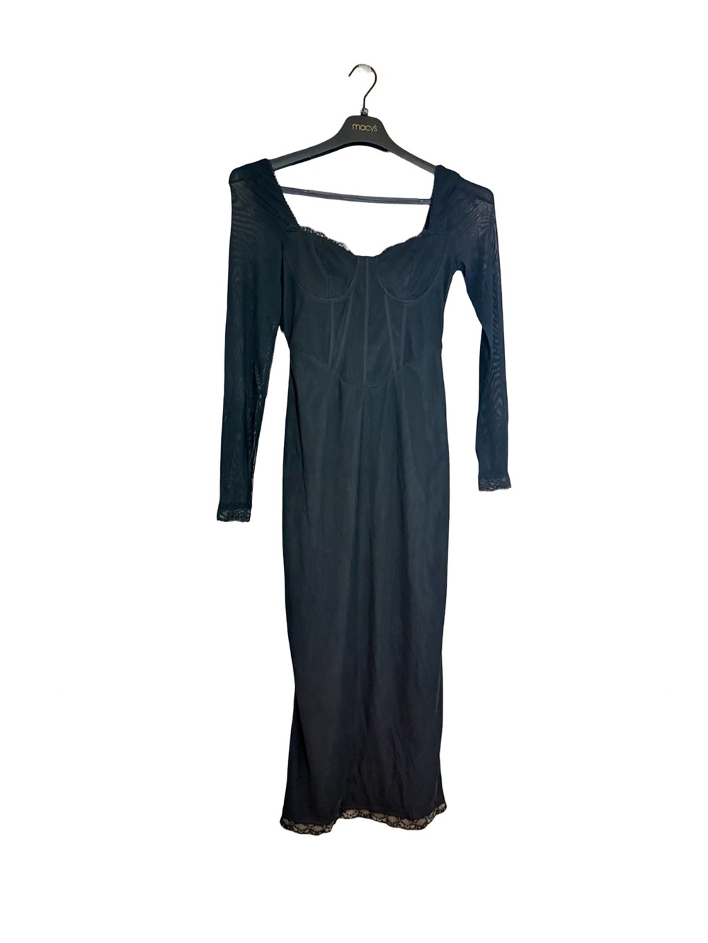 Kutumai Black Corset Sheer Long Sleeve With Lace Midi Dress With Lace Trims S